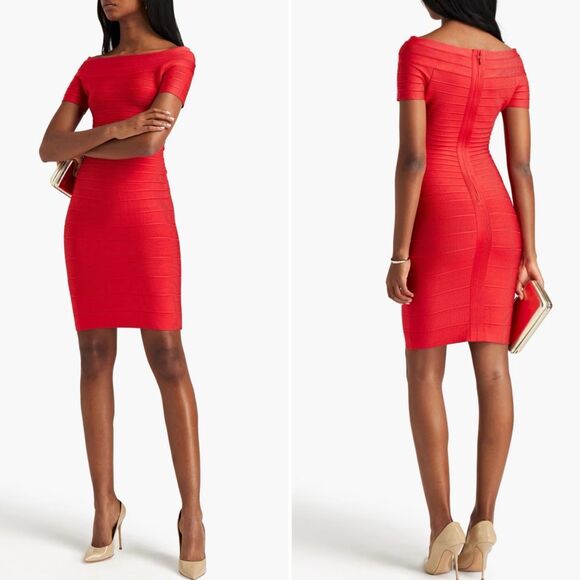 Hervé Léger Off Shoulder Tomato Red Bandage Dress $990 XL - Picture 1 of 9